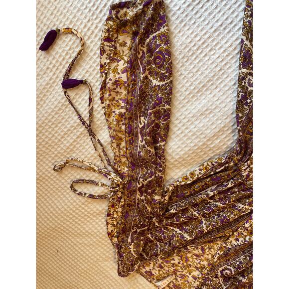 RAGA Bohemian Slit Sleeve Cold Shoulder Gold & Purple Floral Mini Dress Size XS - Picture 10 of 16